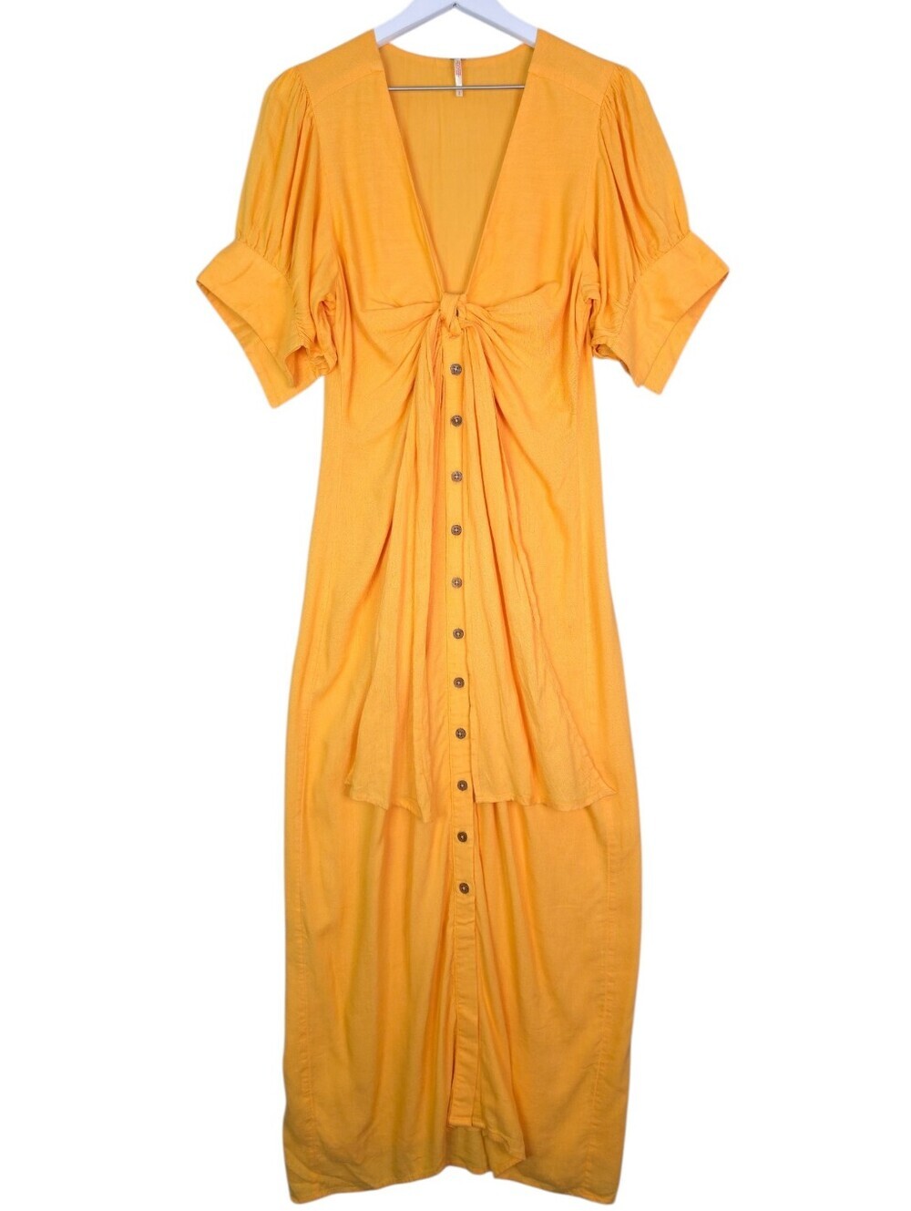Free People Vintage Summer Mustard Yellow Tie-Front Midi Dress - Picture 3 of 8